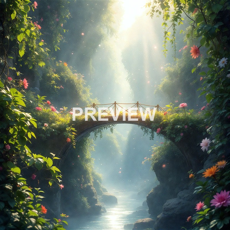 A lush, vibrant forest scene featuring a small arched bridge over a gentle river, illuminated by sunlight streaming through dense foliage and colorful flowers blooming along the banks.